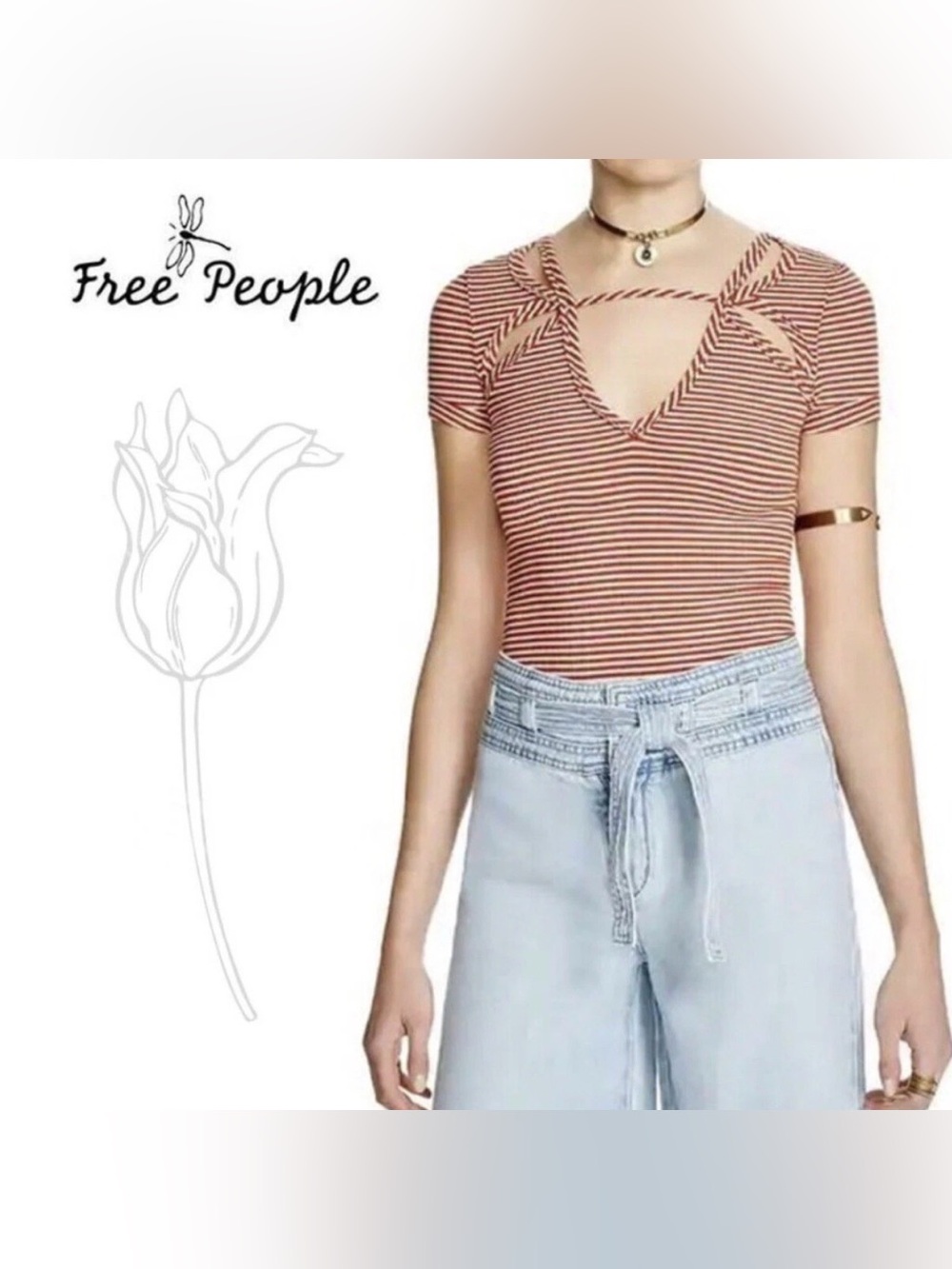 Free People Rust-White Striped Twist-Detail V-Neck Top